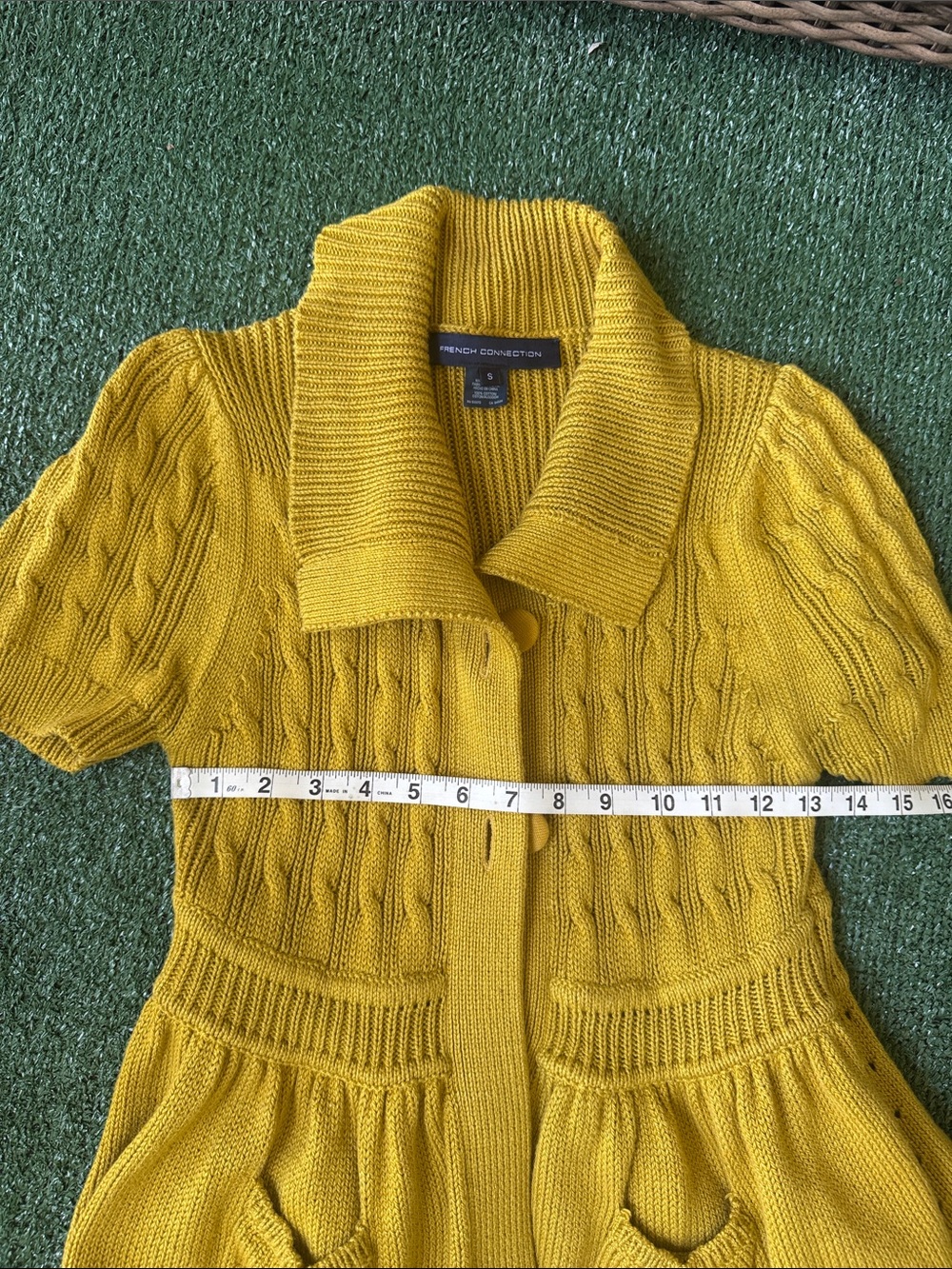 French Connection Mustard Short-Sleeve Knit Cardigan with Peplum Pockets - Picture 11 of 12